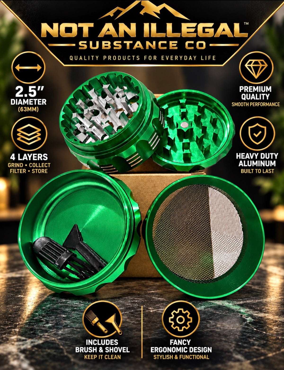 4 LAYER 2.5 INCH HEAVY DUTY ALUMINUM HERB GRINDER, ERGONOMIC, SHARP TEETH