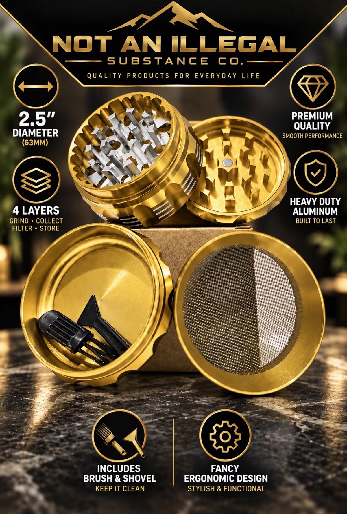4 LAYER 2.5 INCH HEAVY DUTY ALUMINUM HERB GRINDER, ERGONOMIC, SHARP TEETH
