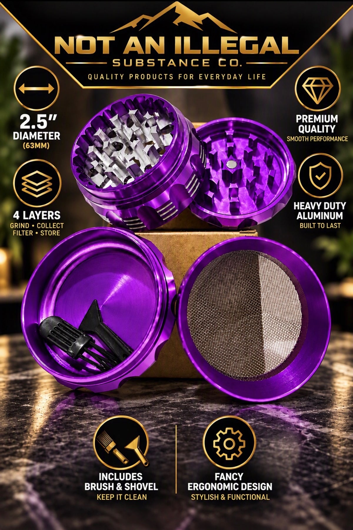 4 LAYER 2.5 INCH HEAVY DUTY ALUMINUM HERB GRINDER, ERGONOMIC, SHARP TEETH
