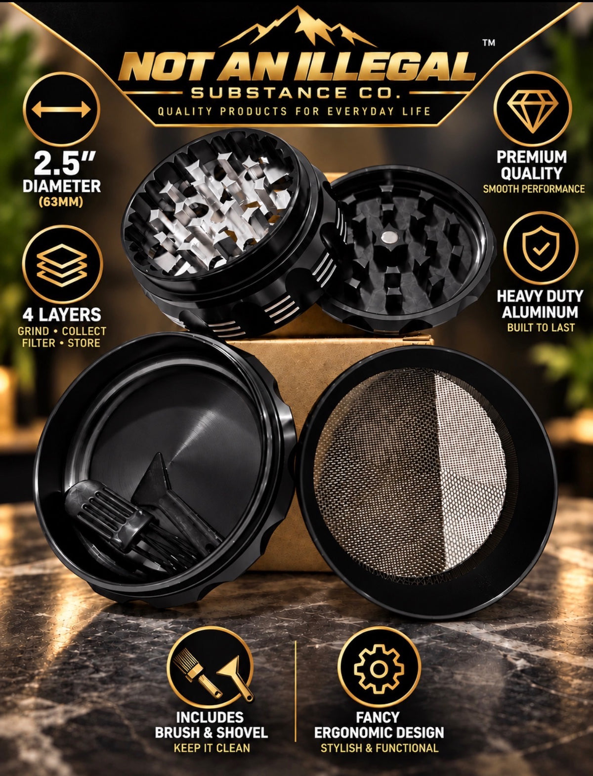 4 LAYER 2.5 INCH HEAVY DUTY ALUMINUM HERB GRINDER, ERGONOMIC, SHARP TEETH