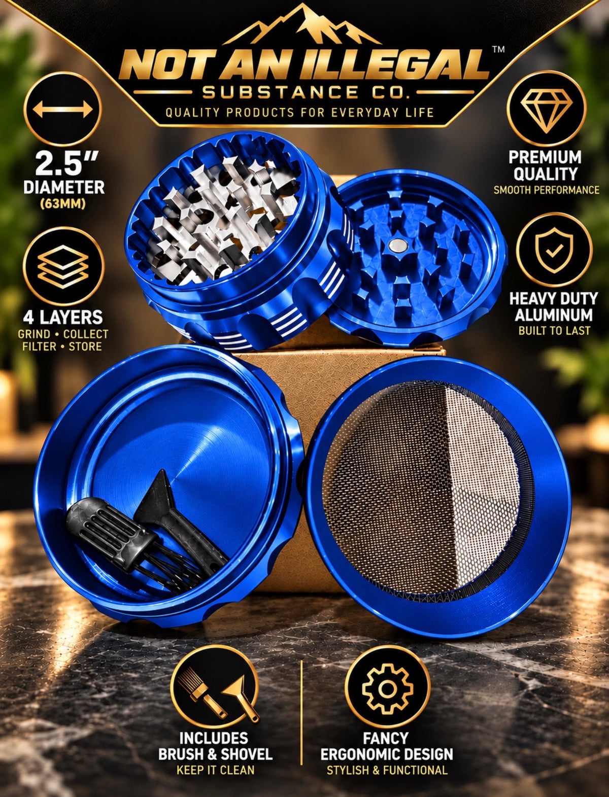 4 LAYER 2.5 INCH HEAVY DUTY ALUMINUM HERB GRINDER, ERGONOMIC, SHARP TEETH